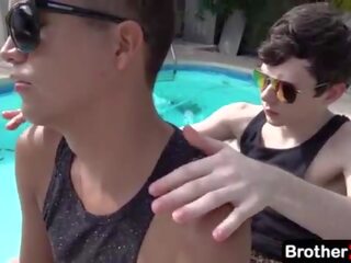 When boy finds his stepbrother lounging by the pool&comma; he decides to join him and ask him for a massage